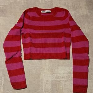 Zara Red and Pink Striped Cropped Sweater